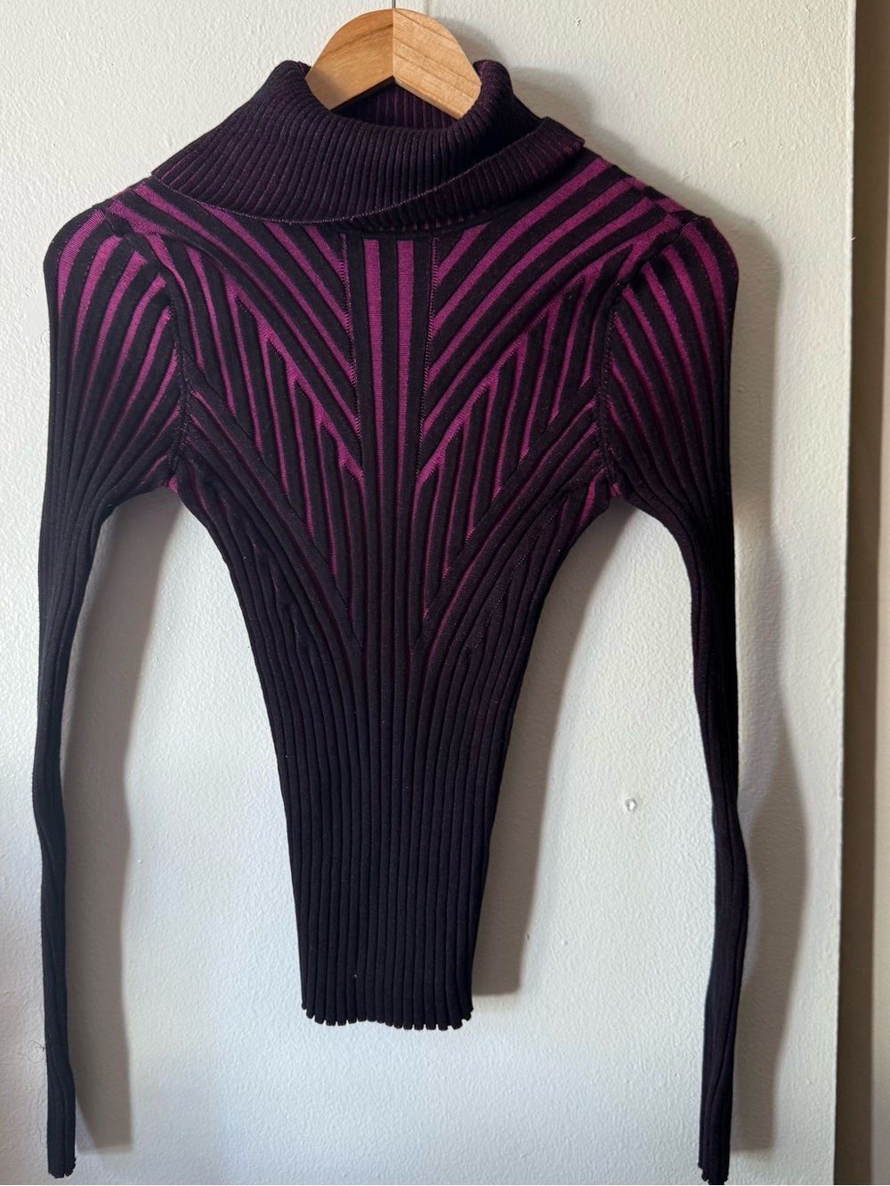 DKNY Black Ribbed Turtleneck Sweater with Magenta Geometric Detail